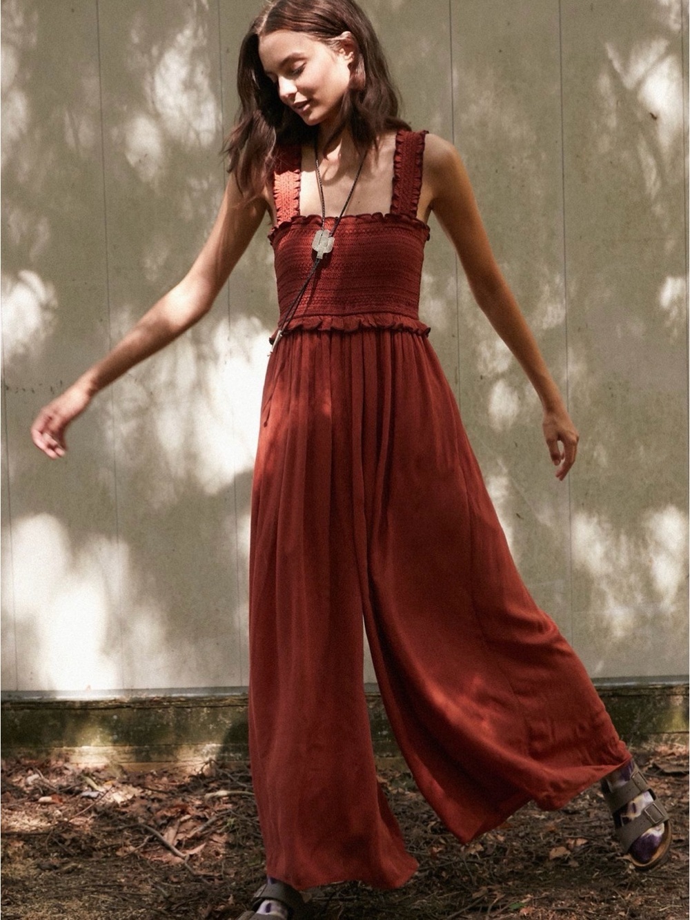 Blue Rain Rust Smocked Wide-Leg Jumpsuit